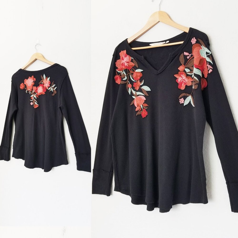 Soft Surroundings Wildflower Floral Embroidered Thermal Top Waffle Knit Black L - Picture 2 of 16